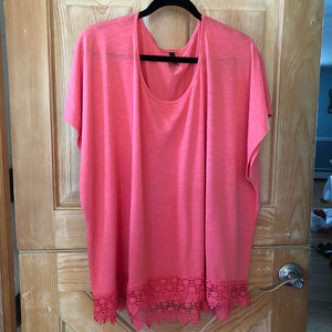 Pretty Coral Pink Lace Trimmed Tee size 3X